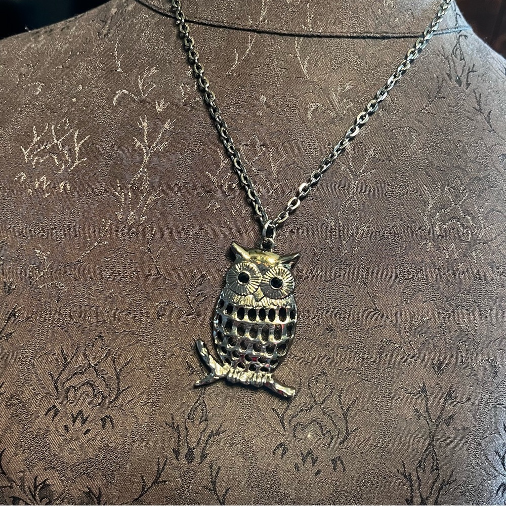 Vintage Silver Toned Owl Pendant 12”